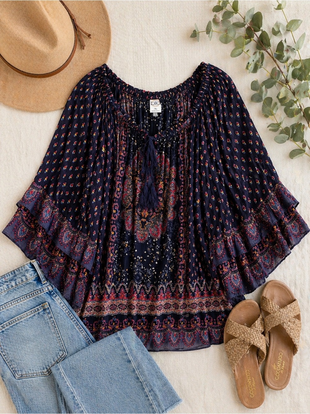 Bila Boho Peasant Top Navy Paisley Bell Sleeve Tassel Blouse Flowy - Size XL